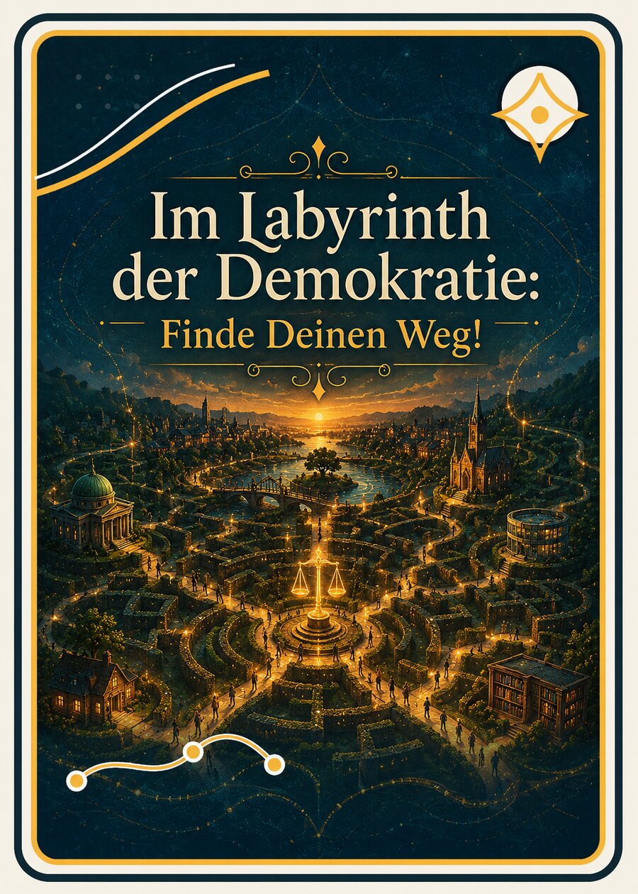 Illustriertes Cover: Im Labyrinth der Demokratie – Finde deinen Weg